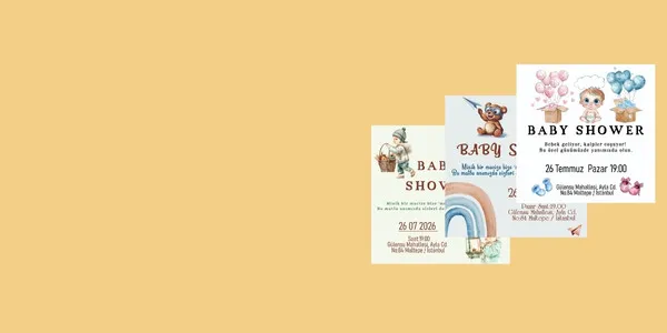 Neşeli ve renkli baby shower davetiyesi tasarımı, bebeğinizin gelişini kutlamak için zarif ve eğlenceli detaylarla hazırlanmış.